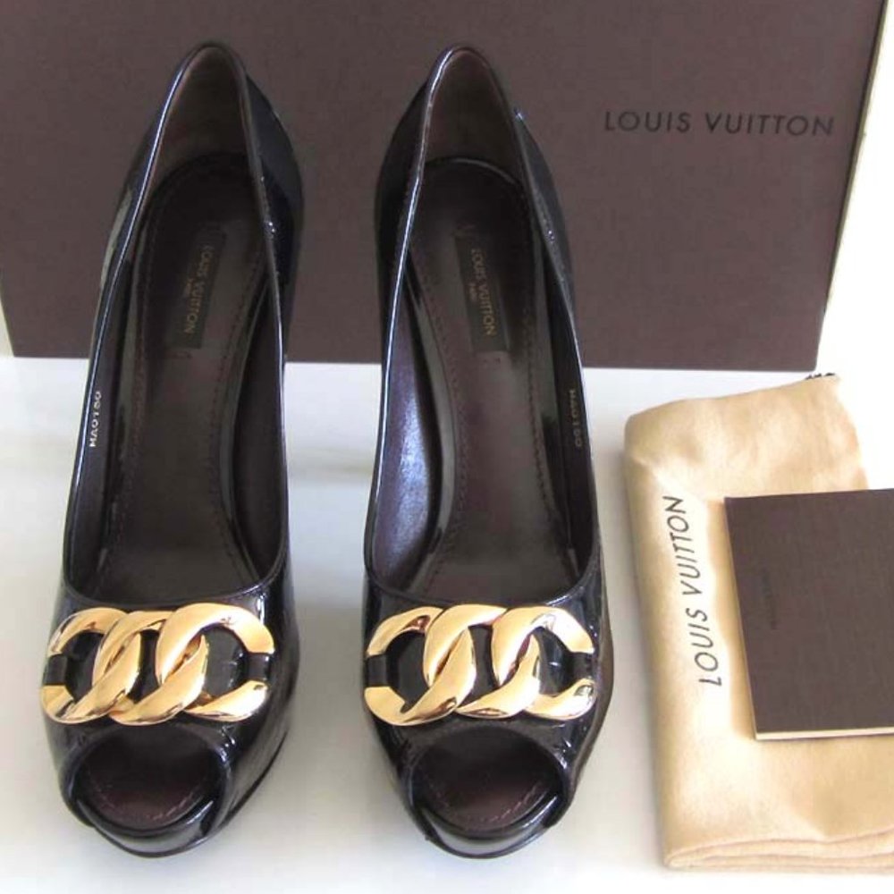 new LOUIS VUITTON Monogram Vernis chain peep toe pumps 8.5 US 38.5 - Picture 9 of 13